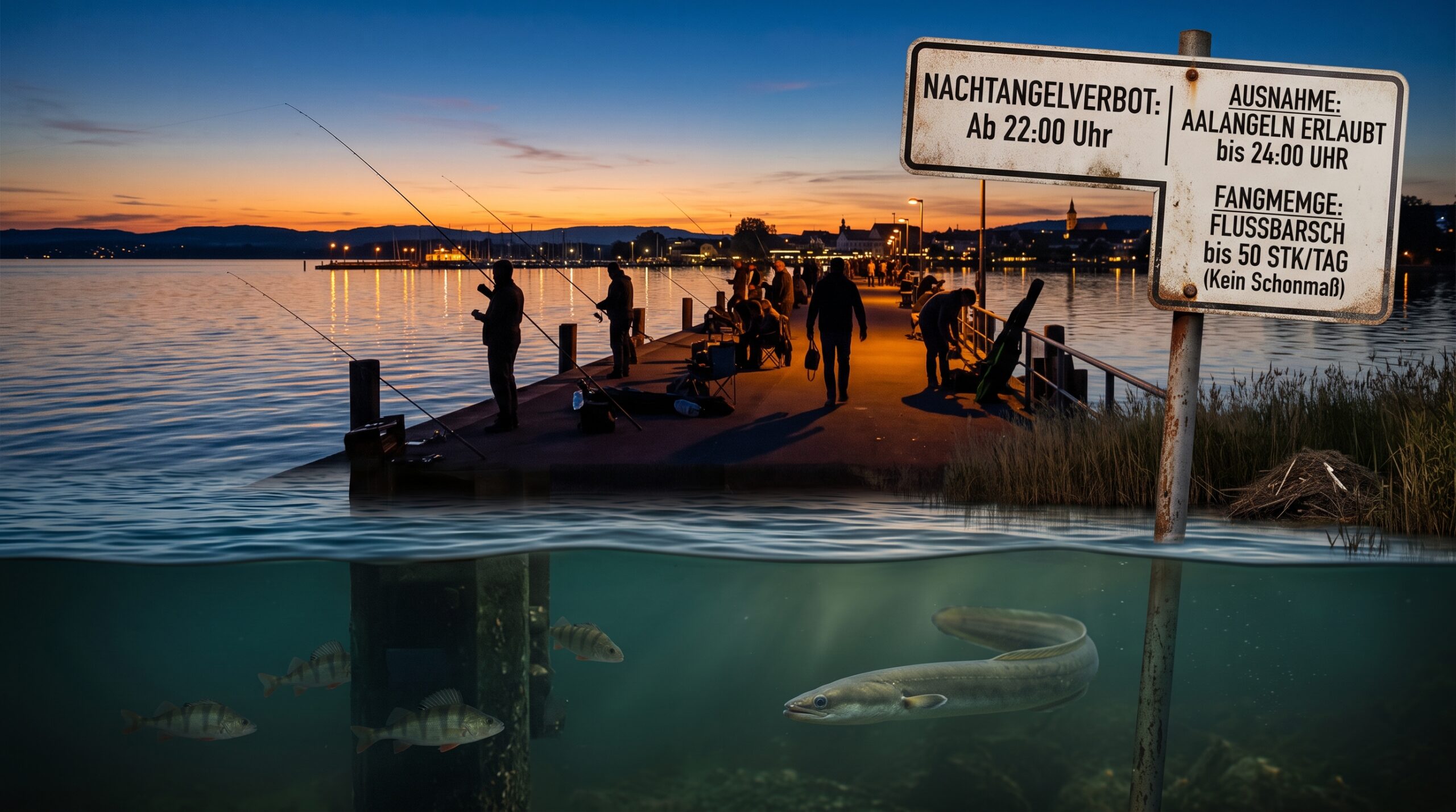 Symbolbild zum Nachtangelverbot am Bodensee mit einem Schild zu Fangregeln vor einer Mole bei Dämmerung und Unterwasseransicht von Aal und Barsch.