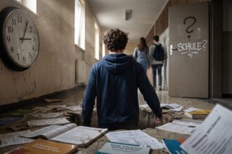 Ein Teenager bricht in einem düsteren Schulflur durch den maroden Boden, während Mitschüler vorbeigehen. Im Hintergrund hängt eine Wanduhr und an der Tür steht ein Fragezeichen. Symbolisiert das Durchrutschen im deutschen Bildungssystem.