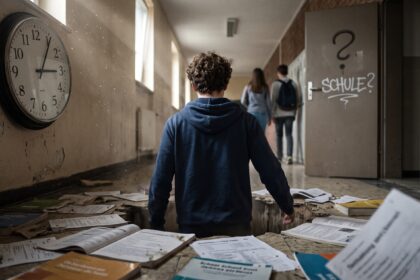 Ein Teenager bricht in einem düsteren Schulflur durch den maroden Boden, während Mitschüler vorbeigehen. Im Hintergrund hängt eine Wanduhr und an der Tür steht ein Fragezeichen. Symbolisiert das Durchrutschen im deutschen Bildungssystem.