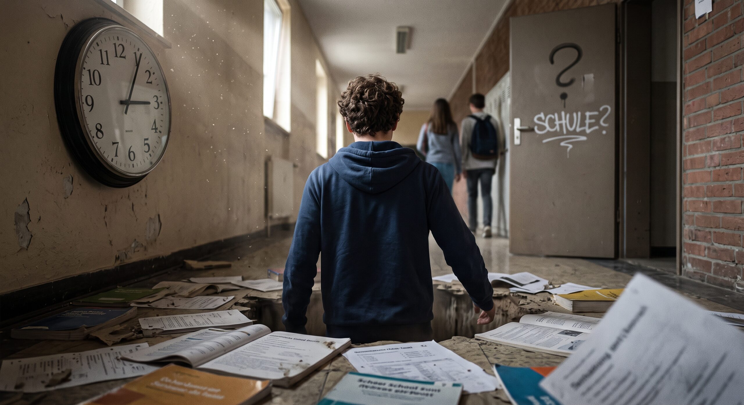 Ein Teenager bricht in einem düsteren Schulflur durch den maroden Boden, während Mitschüler vorbeigehen. Im Hintergrund hängt eine Wanduhr und an der Tür steht ein Fragezeichen. Symbolisiert das Durchrutschen im deutschen Bildungssystem.