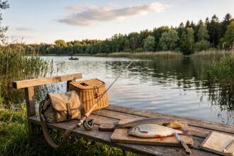 Ein Holzsteg am See mit Angelgerät und einem gefangenen Fisch auf einem Schneidebrett zur Wertschätzung der Verwertung.