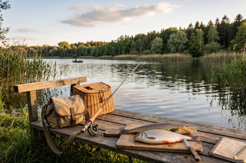 Ein Holzsteg am See mit Angelgerät und einem gefangenen Fisch auf einem Schneidebrett zur Wertschätzung der Verwertung.