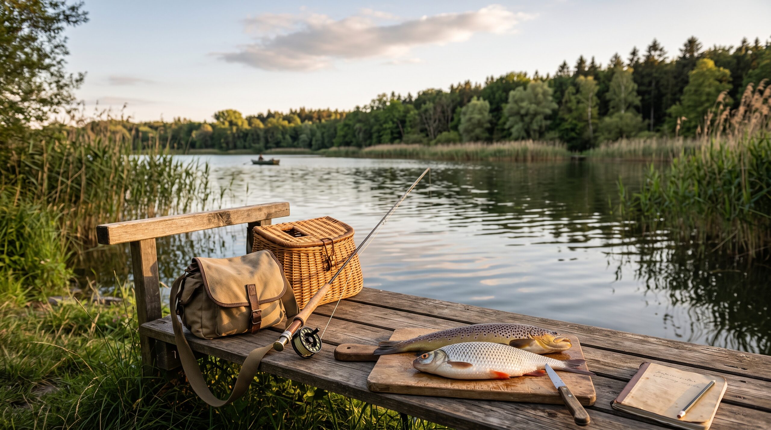 Ein Holzsteg am See mit Angelgerät und einem gefangenen Fisch auf einem Schneidebrett zur Wertschätzung der Verwertung.
