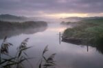 Ruhiges Gewässer im Morgennebel als Symbol für Geduld und Ausdauer