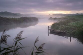 Ruhiges Gewässer im Morgennebel als Symbol für Geduld und Ausdauer