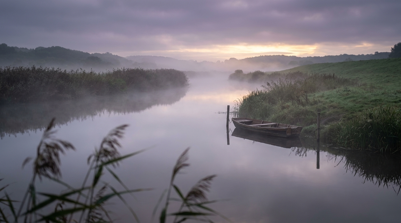 Ruhiges Gewässer im Morgennebel als Symbol für Geduld und Ausdauer