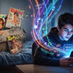 Jugendschutz in den sozialen Medien: Infografik-Illustration zum Wandel von analogen Erotikmagazinen im Karton hin zu digitalem Plattform-Druck und Reizüberflutung am Smartphone.
