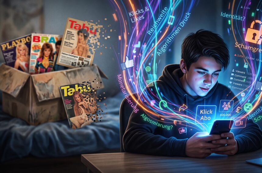 Jugendschutz in den sozialen Medien: Infografik-Illustration zum Wandel von analogen Erotikmagazinen im Karton hin zu digitalem Plattform-Druck und Reizüberflutung am Smartphone.